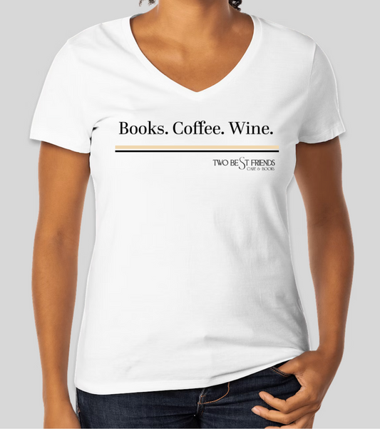 Books Coffee Wine Fitted V-Neck Tee